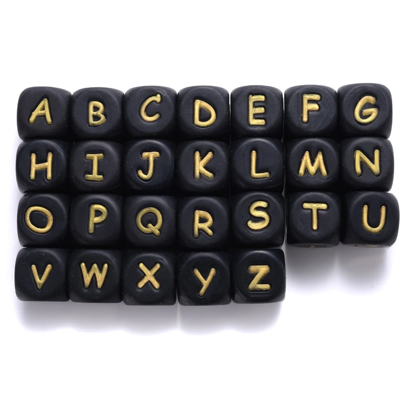 

50Pcs 12mm Silicone Letters Beads Black English Alphabet Letter Beads for Baby Teething Shower Gifts Accessories BPA Free