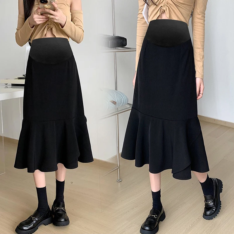 2230# Autumn Fashion Black Ruffle Maternity Skirts Elegant A Line Slim Belly Bottoms Clothes for Pregnant Women Pregnancy