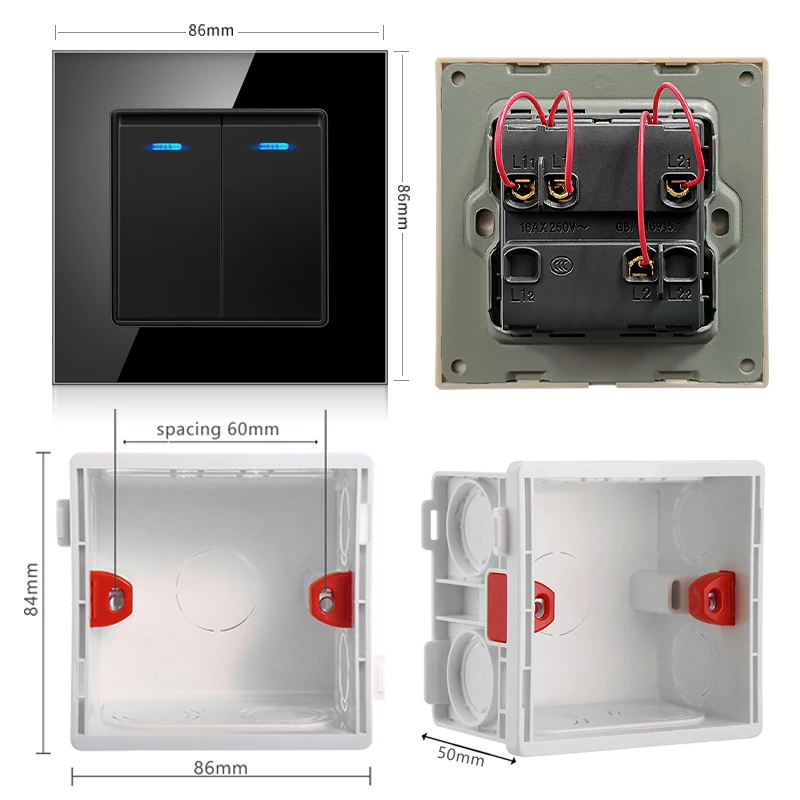 British Standard Glass Panel 1 Gang 1/2/3 Way, 2 Gang 1/2 Way,Pass Through Switch Light Stair Wall Switch With LED Indicator