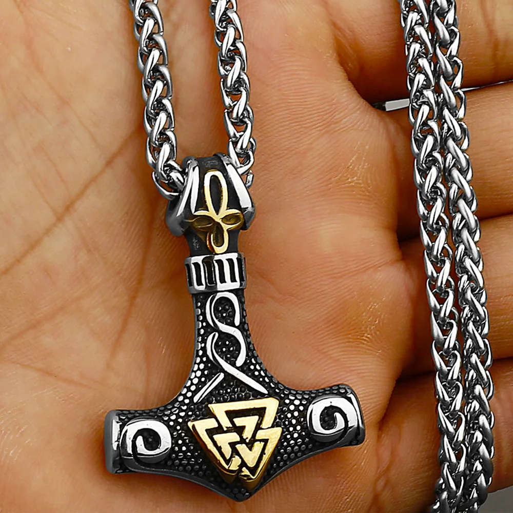 

Punk Hip Hop Mjolnir Thor's Hammer Pendant Necklace Stainless Steel Nordic Viking Valknut Necklace Men Amulet Jewelry Wholesale