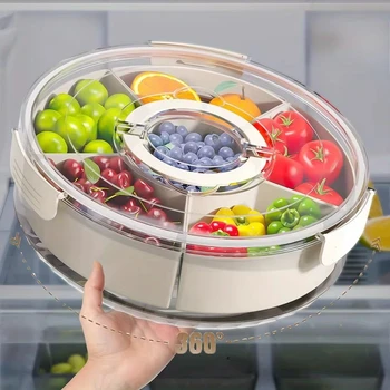 5-Compartment Food Storage Dried Fruit Snack Plate rotatable storage container snack and vegetable tray with lid and hand