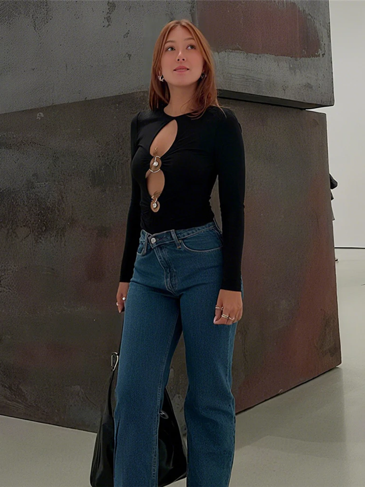 Nibber Simple Sexy Metal Trim t-Shirt Women o-Neck Hollow Long Sleeve Skinny Autumn Fashion Streetwear Elasticity Commut Tops