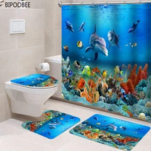 3D Ocean dna morskiego zwierzęta toaleta do kąpieli zestawy Mat ryby nadruk delfina kurtyna łazienkowa zestaw wodoodporna tkanina zasłona prysznicowa