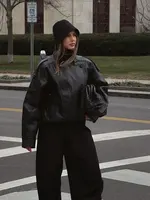 HH 2026 Manteaux en cuir PU noirs tendance pour femme, col montant, manches longues, veste zippée, style vintage, mode urbaine 2