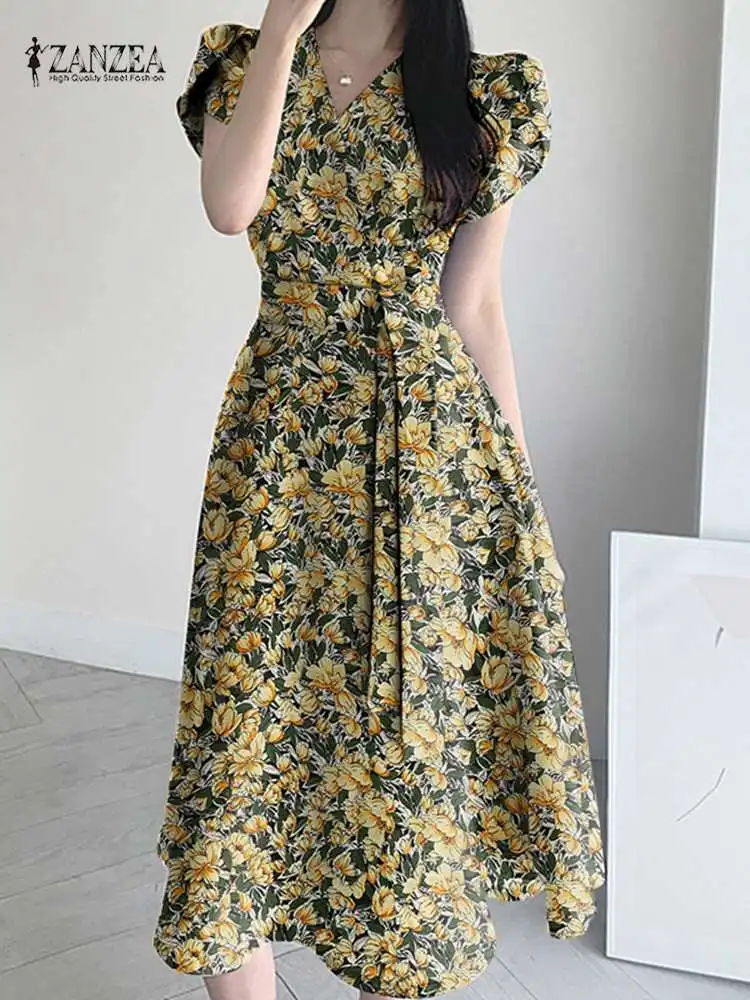 

ZANZEA Summer Women V Neck Short Sleeve Party Vestido Casual Holiday Beach Midi Sundress Bohemian Floral Printed Sundress Kaftan