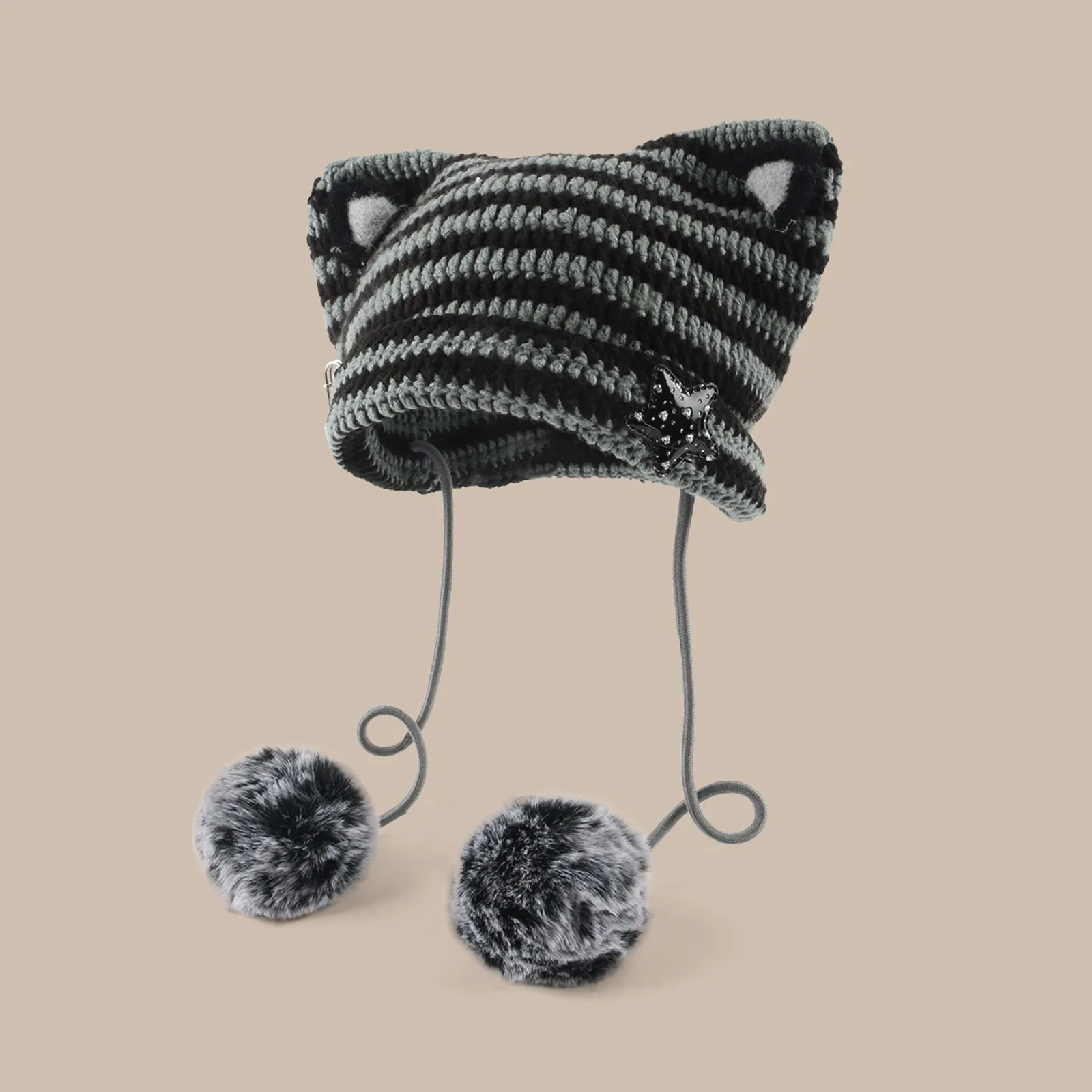 Japan Designer Handmade Pentagram Wool Beanie Y2K Hat Ladies Autumn Spring Warm Cat Ear Knit Stripe Beanie Cap with Pompom 5