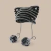 Japan Designer Handmade Pentagram Wool Beanie Y2K Hat Ladies Autumn Spring Warm Cat Ear Knit Stripe Beanie Cap with Pompom 5