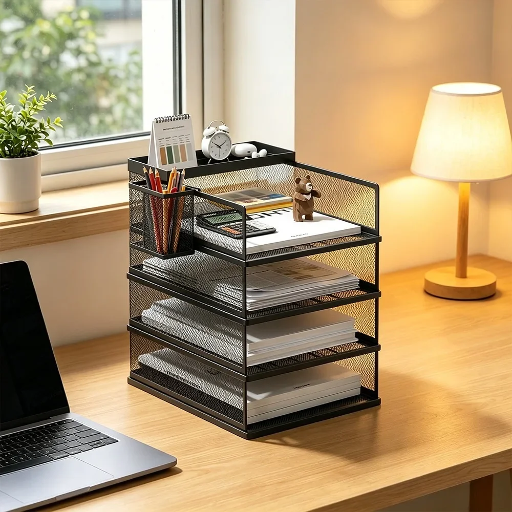 5 Tier Office A4 Paper Desk Organizer Document File Letter Book Brochure Filling Tray Rack Shelf Carrier Metal Wire Mesh Storage Holder 1