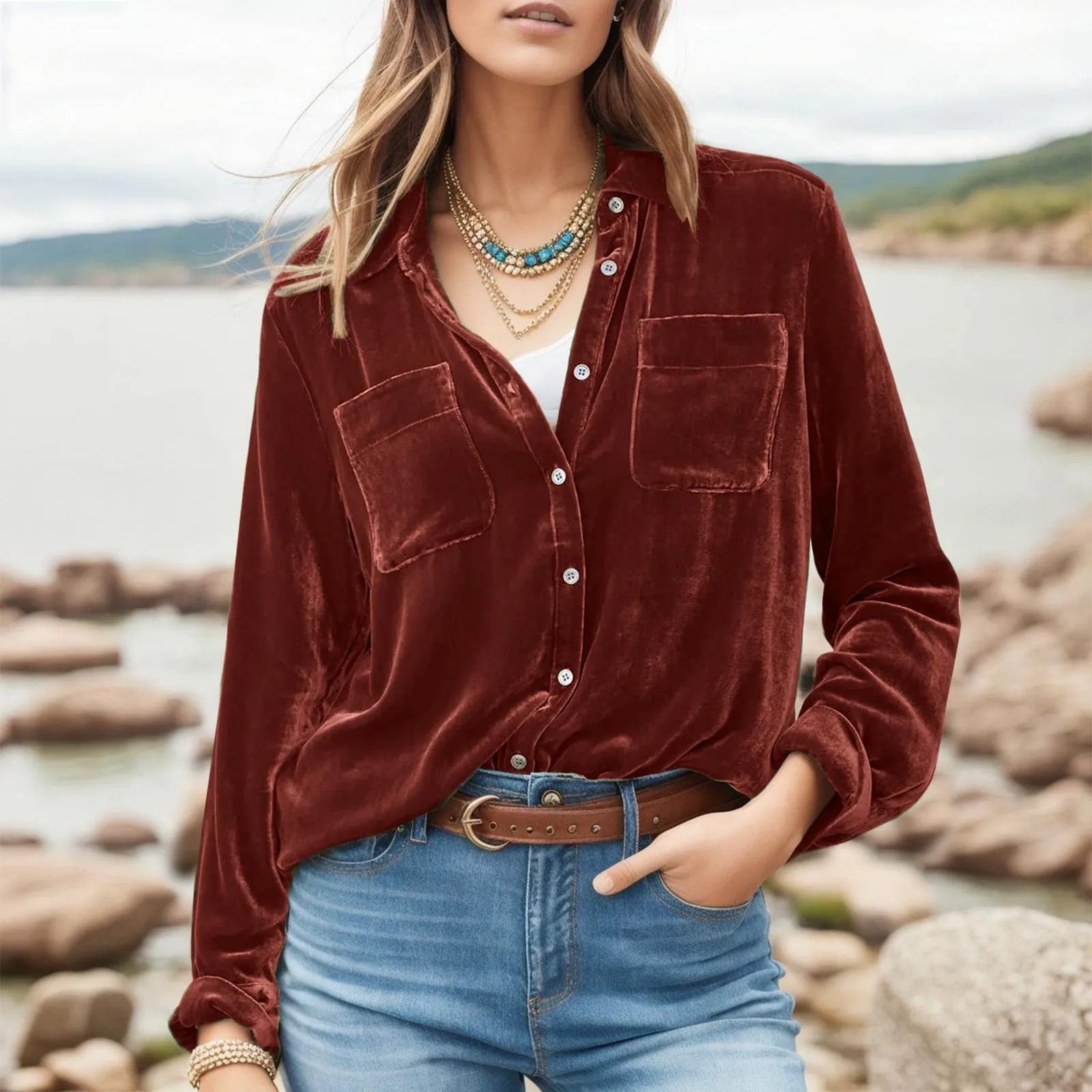 

2023 Autumn Velvet Shirt Women Button Up Velour Shirt Office Ladies Pocket Winter Long Sleeve Shirt For Women Clothing Tops