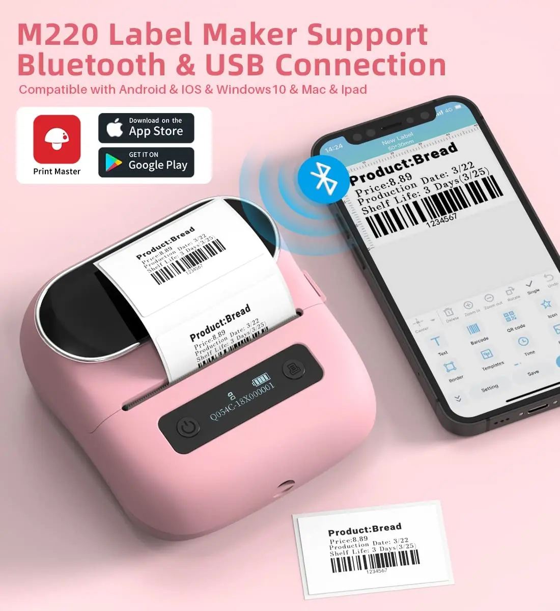 Phomemo Pencetak Label M220 Pembuat Label Mini Barcode Label Printer Nirkabel Portabel Mesin Pembuat Label Stiker untuk Alamat