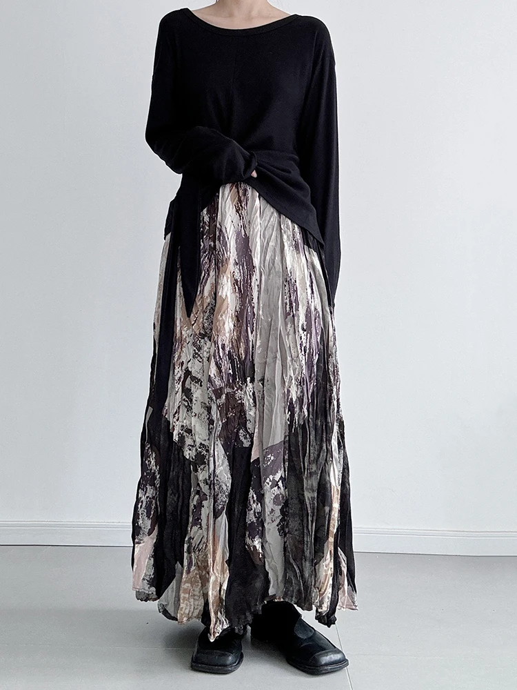 [EAM] High Elastic Waist Printed Pleated Elegant A-line Half-body Skirt Women Fashion Tide New Spring Autumn 2026 1DJ5417