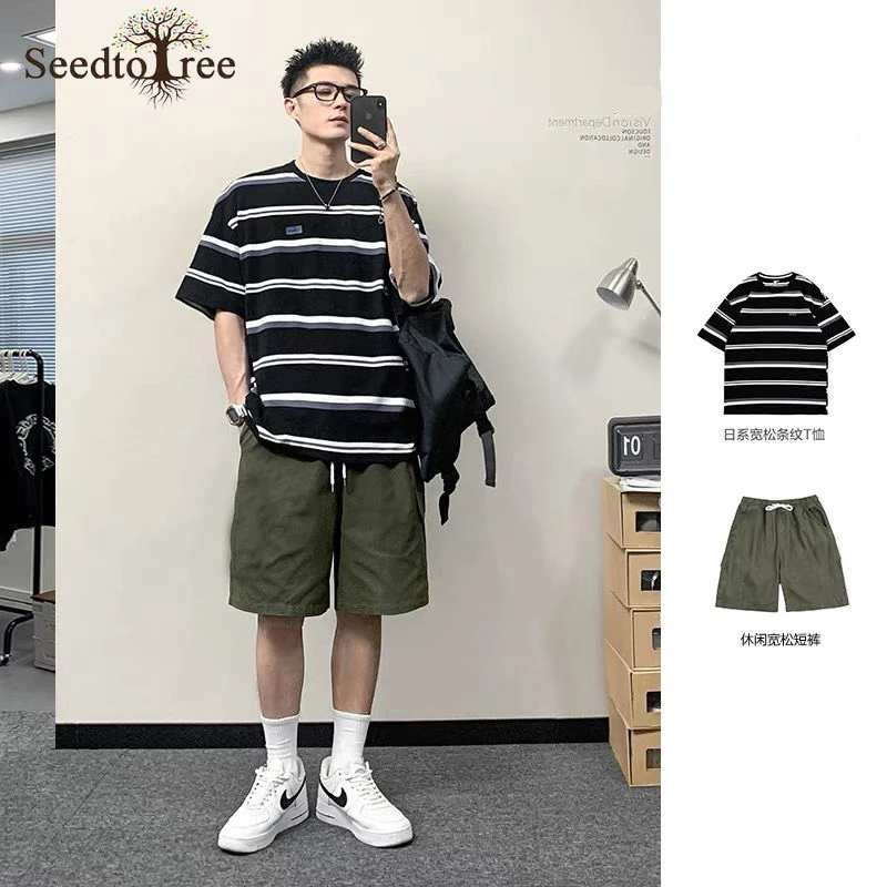 

Summer Men's Sets Casual Stripe Round Neck Short Sleeve T-Shirt Elastic Waist Shorts Two Piece Suit