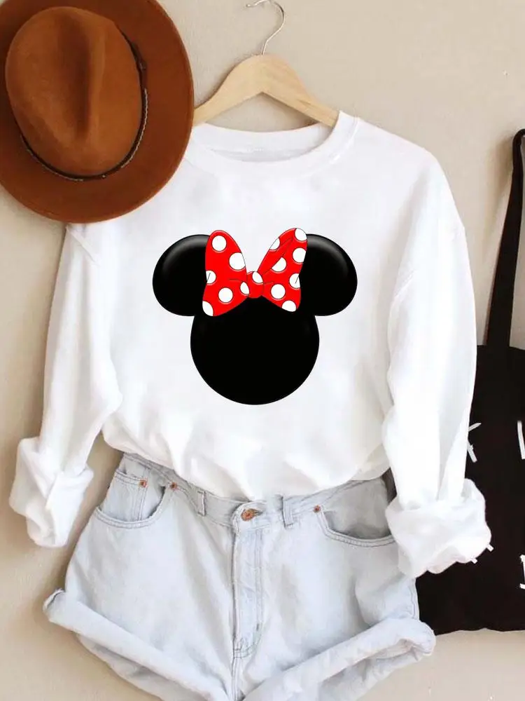 

Autumn Spring Fashion Print Mouse Ear Pullovers Holiday Cartoon Bow Lovely Style Trend Women Casual Female Graphic Sweatshirt