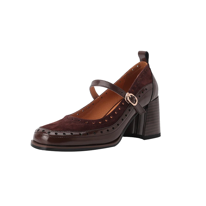 

2023 spring Women pumps natural leather 22-25cm cowhide+kids suede +pigskin full leather Mary Jane shoes square toe women shoes