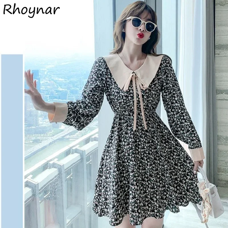 

Dresses Women Lovely Japanese Style Floral Spring Autumn Peter Pan Collar Fashion Lace-up Student Tender Tunic Bow Temperament