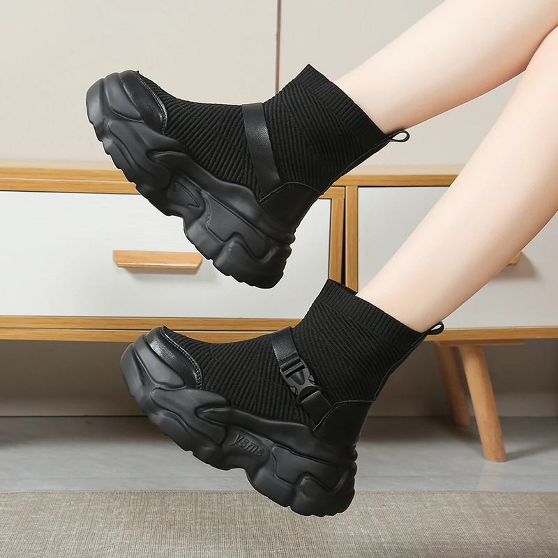 Aphixta Cotton Fabric Sock Boots Platform Women Modern Boots Buckle Dec Women Shoes 6.5cm High Chunky Spring Autumn Shoes