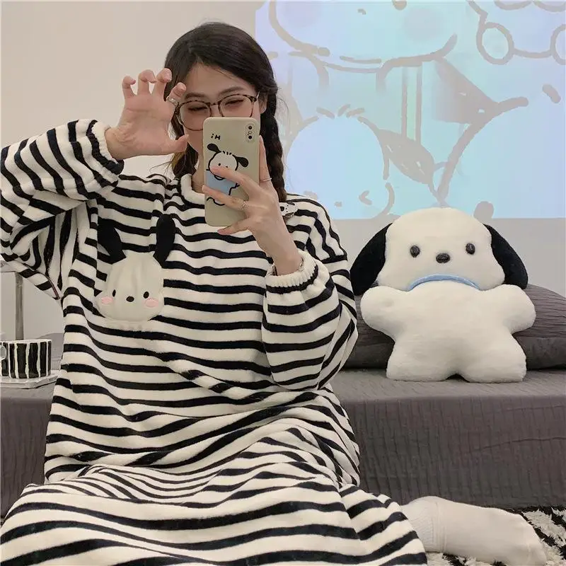 

Sanrios Anime Pochacco Plush Nightgown Soft Cartoon Winter Long Sleeved Comfortable Warm Casual Home Pajamas Kawaii Girl Gift
