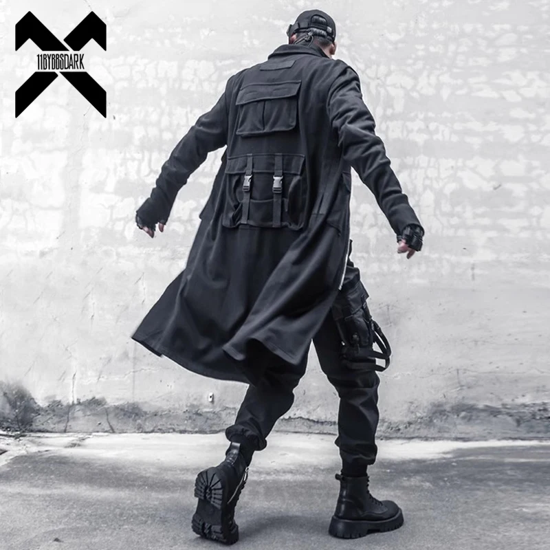

Black Long Trench Coat Windbreaker Men 2023 Multi Pocket Functional Jacket Punk Gothic Hip Hop Streetwear Men Clothing