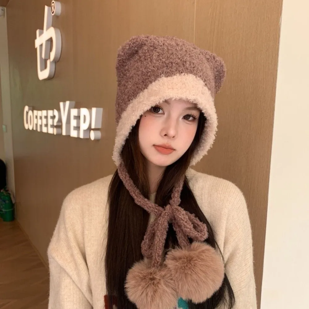New Cute Bear Knitted Hat Knitted Pompom Pullover Cap Coldproof Warm Beanie Hat Autumn and Winter