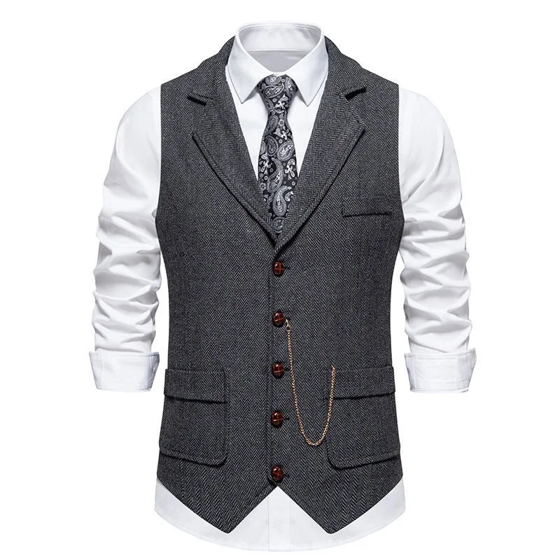 Men's Suit Vest Fashion Turn-Down Collar Pockets Suit Vests England Style Smart Casual Vintage Gentleman Leisure Party Waistcoat 2