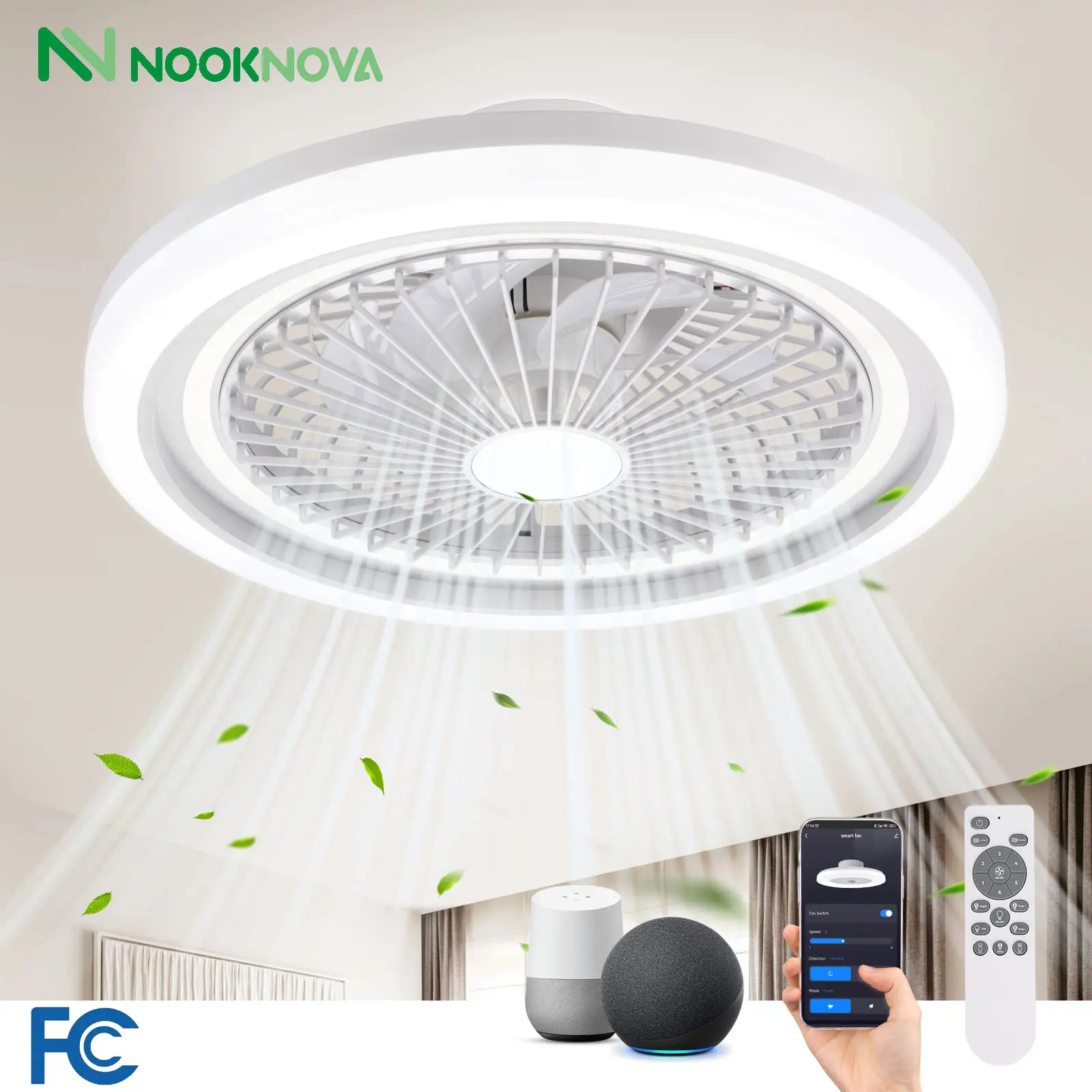 

NookNova 20" Modern LED Ceiling Fan with Light and Remote, Low Profile Indoor Flush Mount Enclosed Bladeless Fan Lights Ceiling