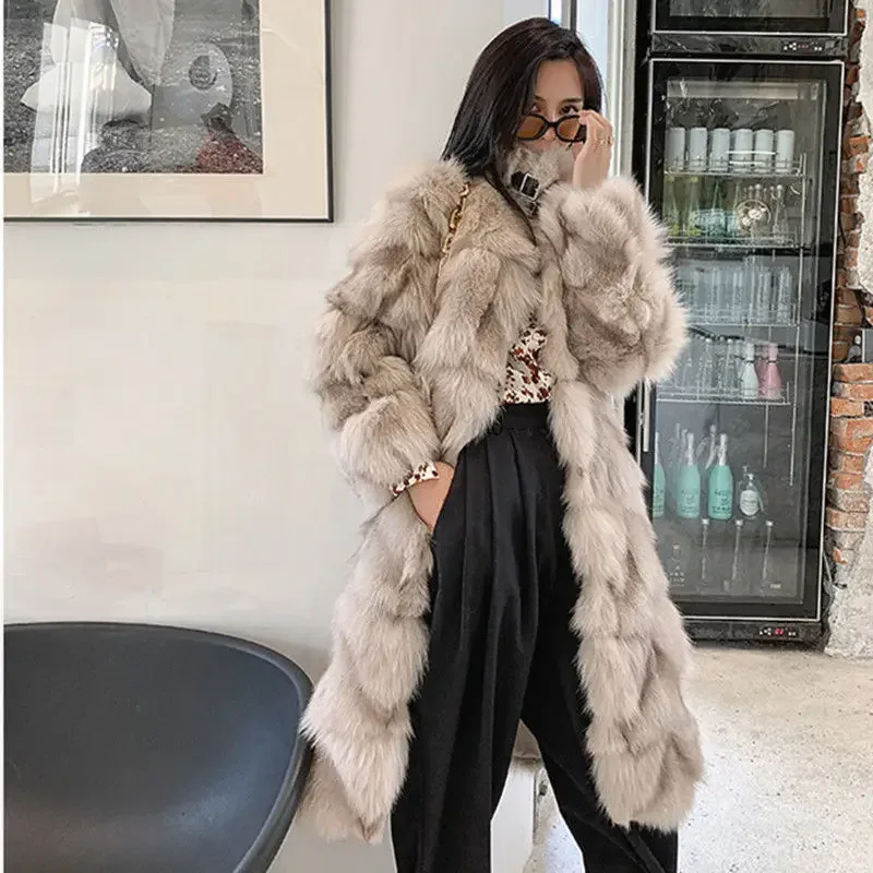 Winter Vintage Thick Warm Long Faux Fur Coat Women Fluffy Jacket Fur Fox Coat Korean Cardigan Loose Casual Outerwear Warm Tops