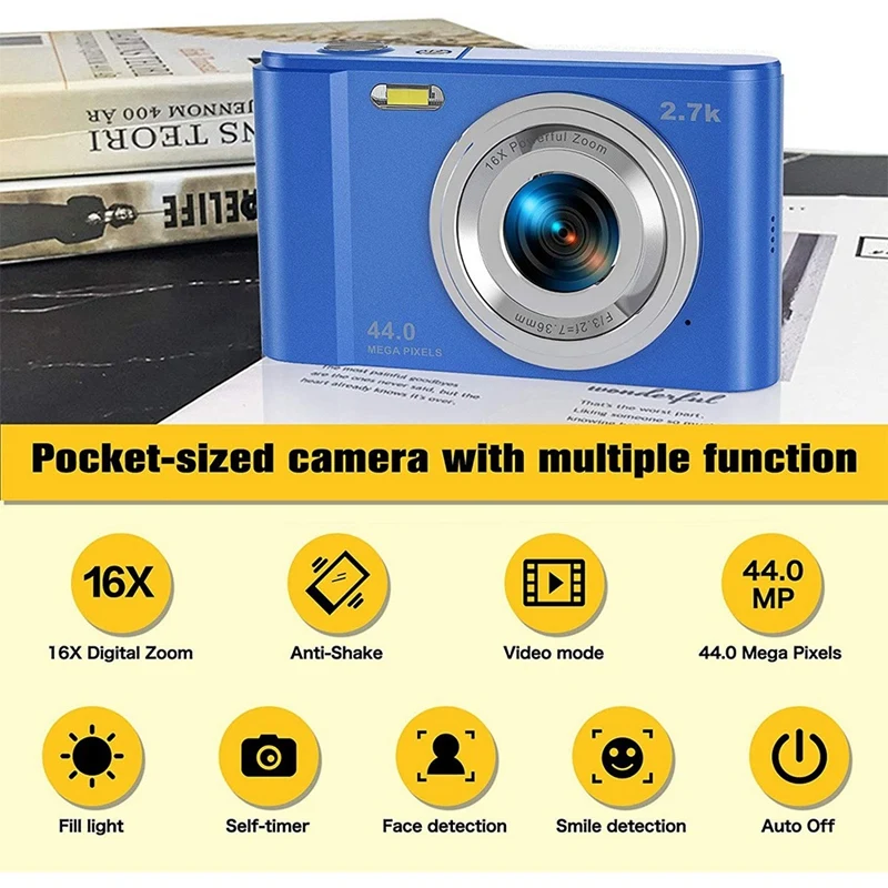 Digital Camera 2.7K HD 44MP Vlogging Camera With 16X Digital Zoom,Compact Pocket Camera With Fill Light For Teens,Blue