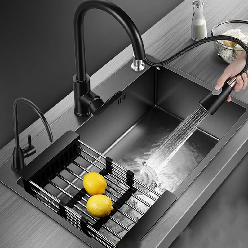 Stainless Steel Kitchen Sink Black Nano Kitchen Sink Thicken Hand- Slot Above Mount Pull Out Faucet