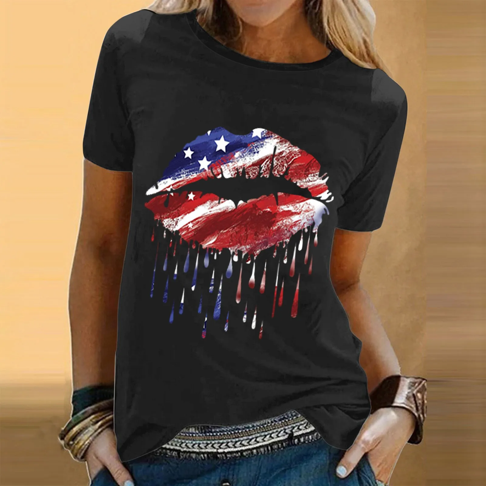 

Women Summer Independence Day Lipstick Flag Print T-Shirts Patriotic Short Sleeve O-Neck Ropa De Mujer Fourth of July Tees Tops