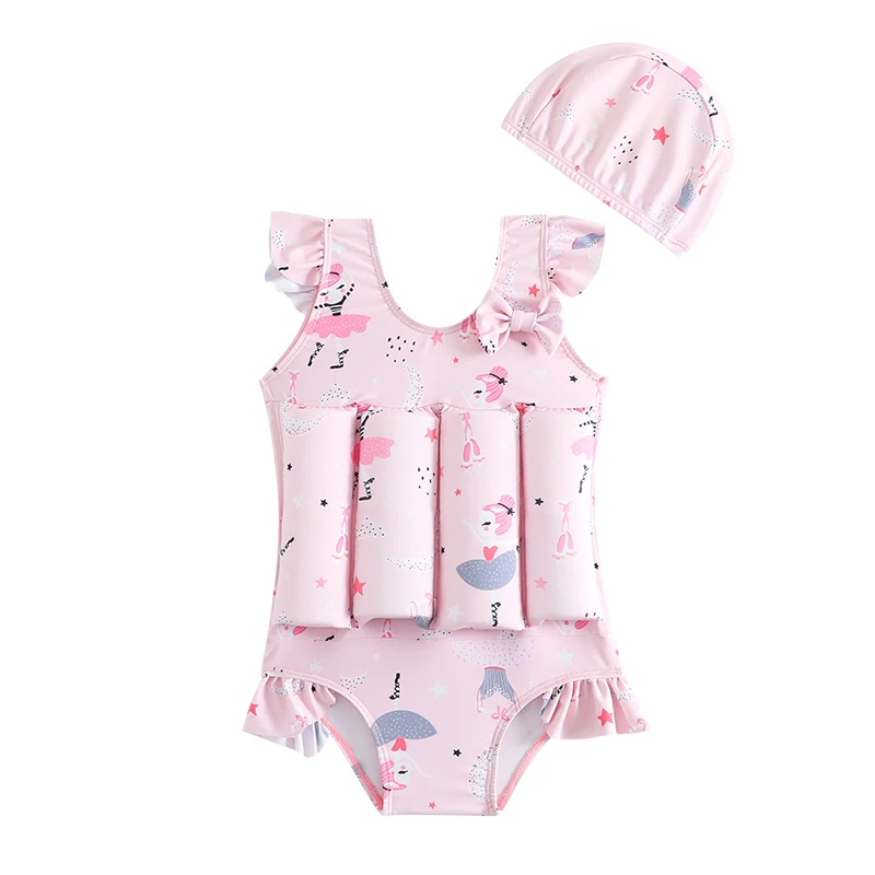 Children Buoyancy Swimsuit Kids Ruffles Sleeveless Swimming One Pieces with Cap Floating Swimming Wear