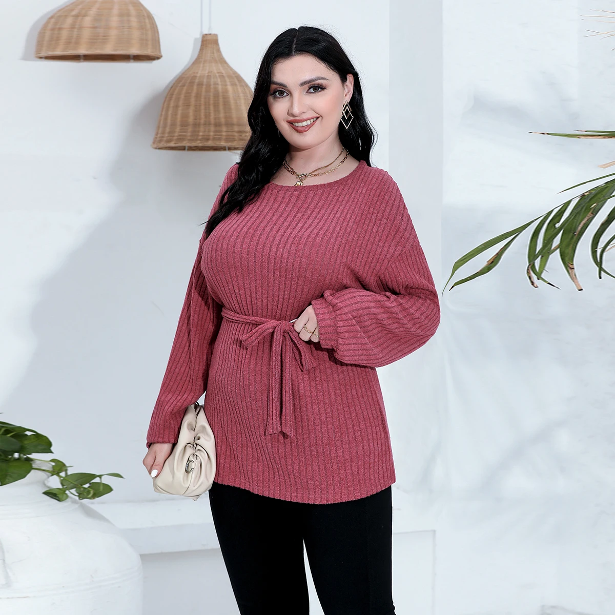 Plus Size Women Clothes 2024 New Solid Color Top Casual Crew Neck Long Sleeve Stripe Shirt Women's Plus Size Clothing L013