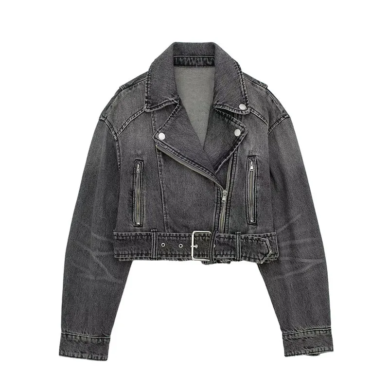 

Women 2023 Autumn Fashion Motorcycle Style Denim Jacket Coat Vintage Long Sleeves Button Up Chic Outerwear Stylish Tops