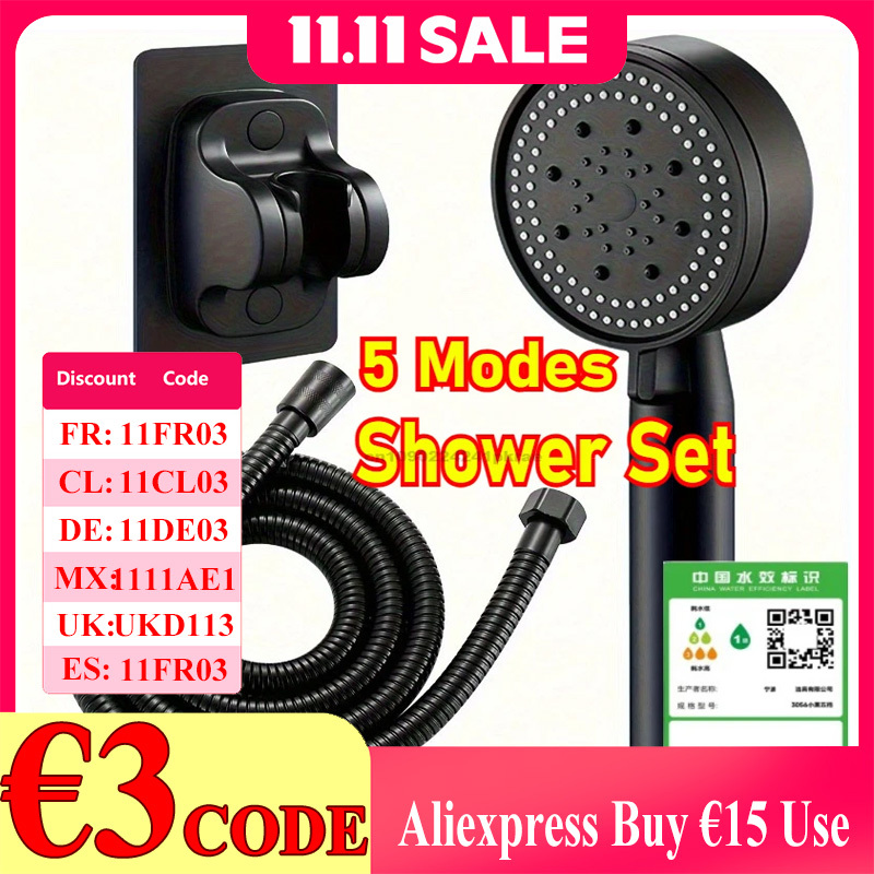 High-Pressure Handheld Shower Head with Stand and Hose - 5 Adjustable Water Flow Modes, Round Plastic Bathroom Accessory
