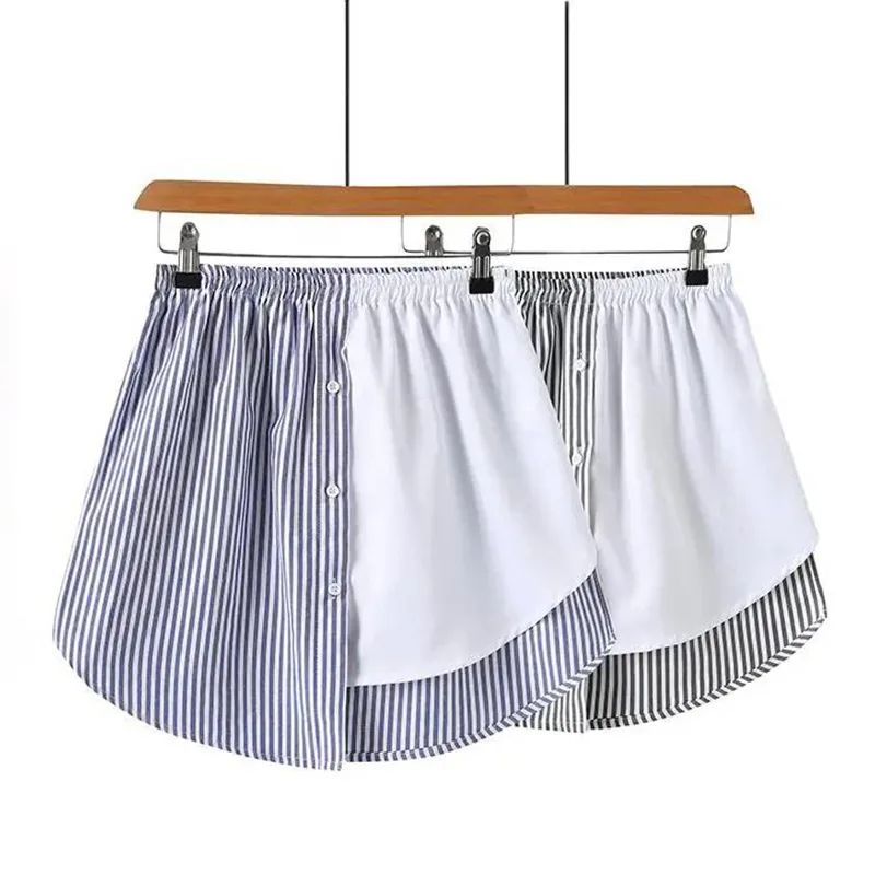 

S-5XL Women Striped Fake Skirt Irregular Patchwork A-Line Button False Skirts Hem Layering Shirt Extenders Detachable Underskirt