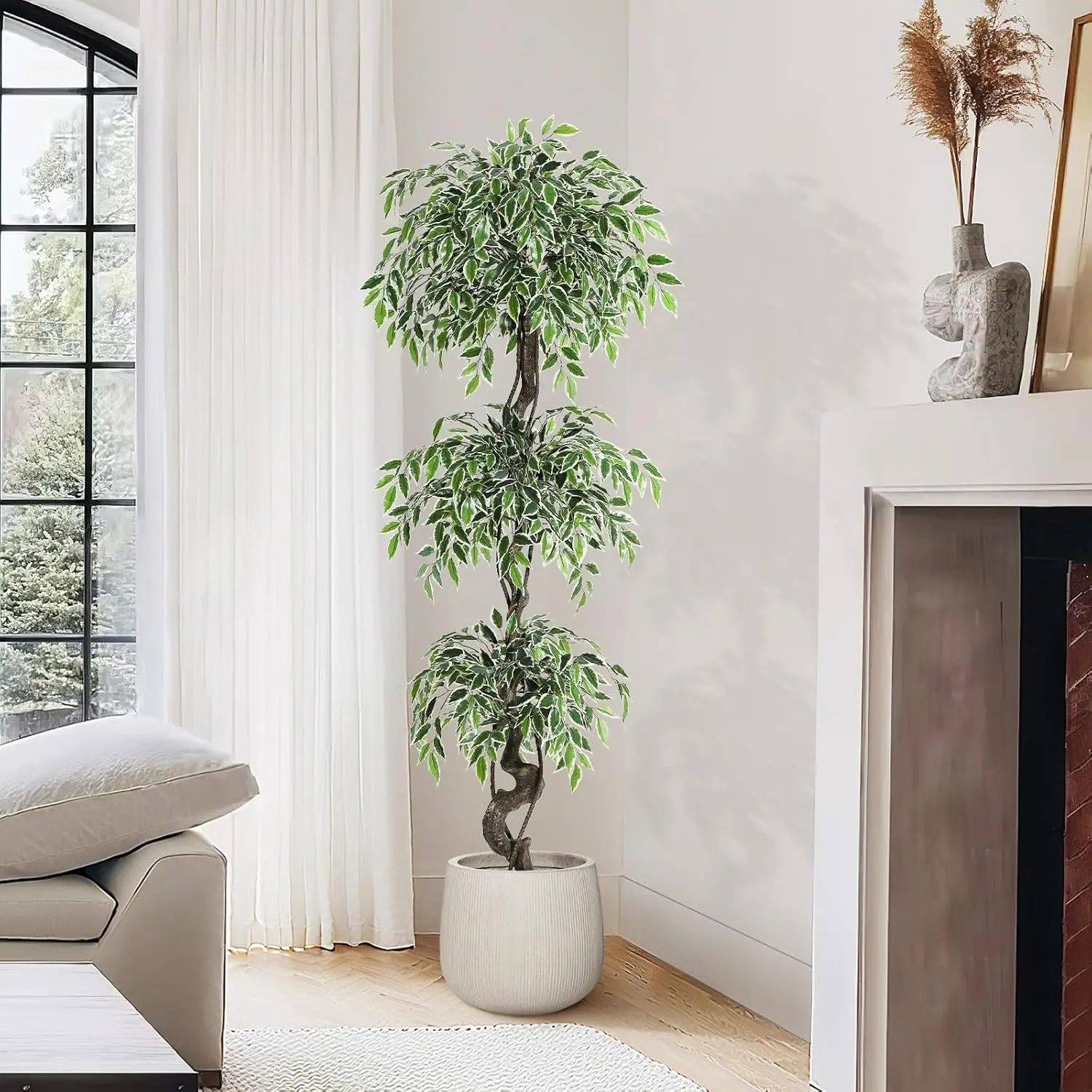 Künstlicher Ficus-Baum für die Inneneinrichtung im Innenbereich, künstlicher Bodenbaum, weißer Keramikimitat-Pflanzgefäß, lebensechter gefälschter Ficus-Baum – Detail 12