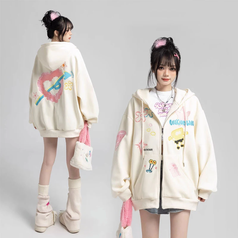 

Oversize Spongebob Squarepants Cartoon Cotton Jacket Sweater Regular Thin or Fleeced Loose Lazy Style Tops for Autumn and Winter