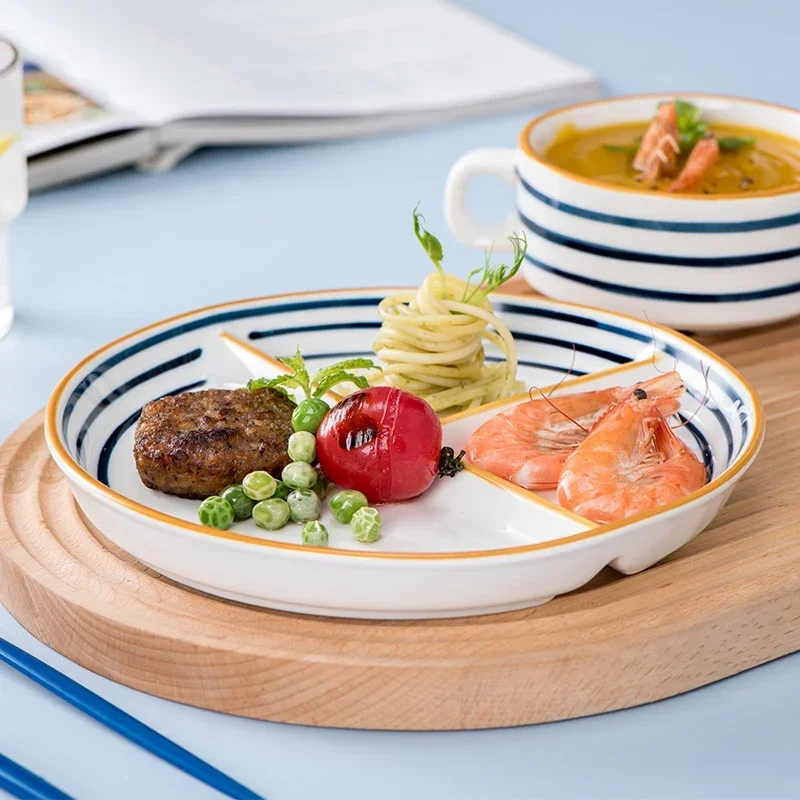 Ceramic Dinner Plate dining dish Japanese Hand Drawn Three Grid 1person Family Breakfast Fat-reducing Quantitative Divider