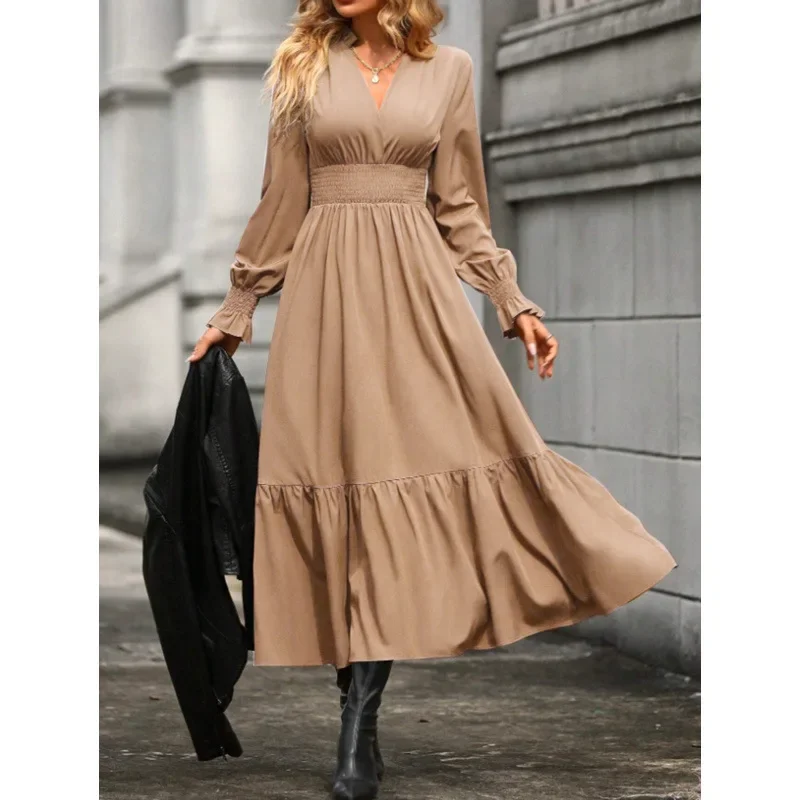 Women's Off-neck Retro Solid Color Long Sleeve Big Hem Dress