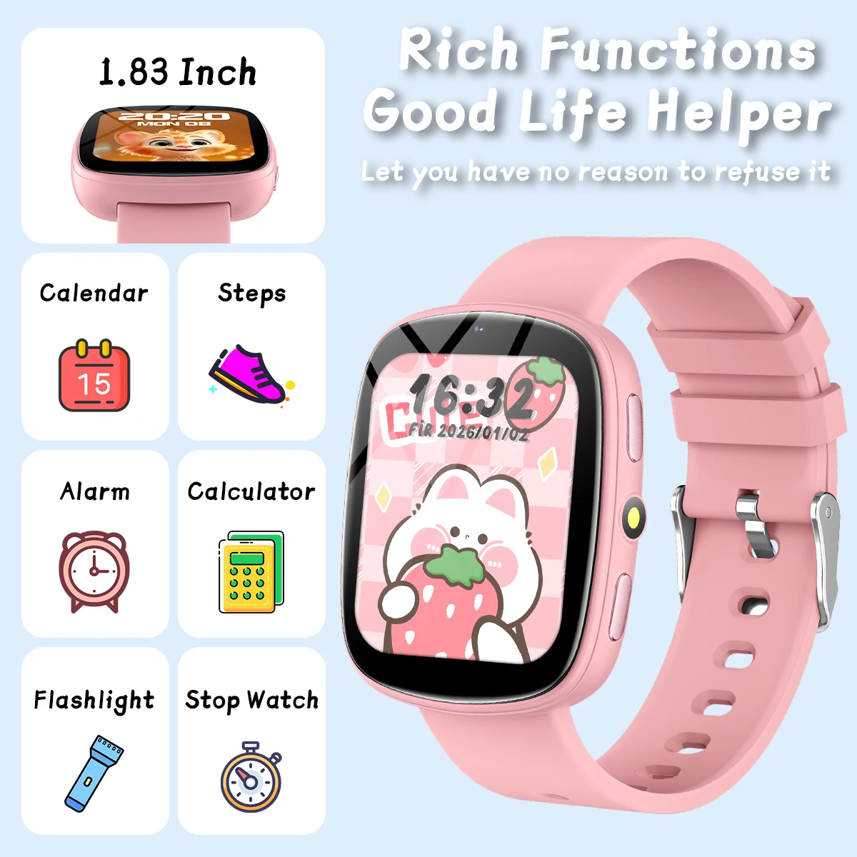 2026 New Smart Watch Kids1.83 Inch Display 22 Games Sleep Monitor Camera Alarm Clock Children Kids Smartwatch Boys Girls Gifts 2