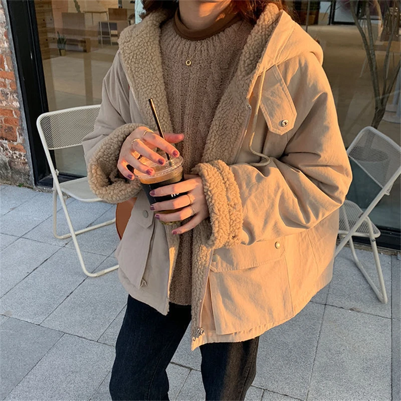 

Winter Double Sided Can Wear Jacket 2023 Women's Imitation Lambs Wool Lamb Down Oversize Outwear Female Harajuku Style Jacket