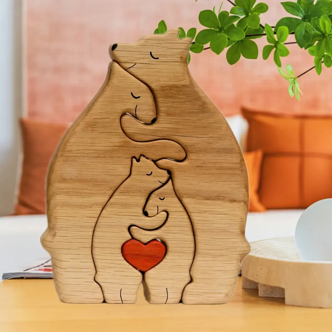 Wooden Desktop Decorations Personalized Bear Family Theme Heart Wooden Art Puzzle Desktop Ornament Home Deco Mother's Day Gift