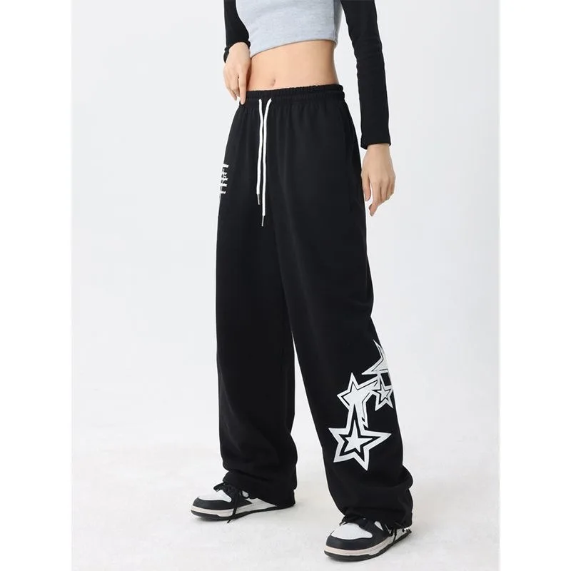 Hip Hop Streetwear Oversize Jogging Sweatpants Women Y2k Drawstring Elastic Waist Stars Wide Leg Baggy Casual Sports Trousers