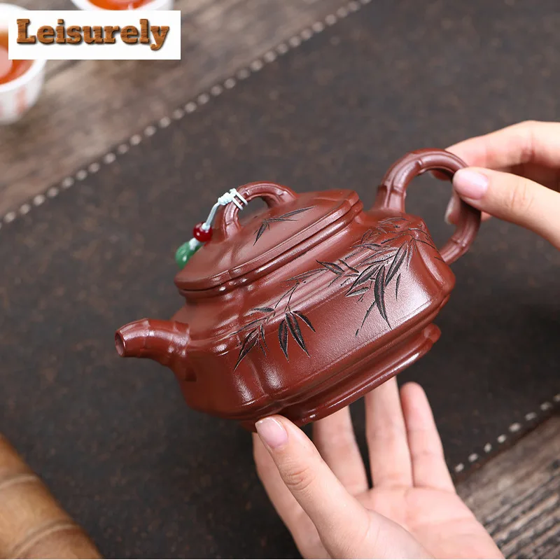 400ml Traditional Yixing Purple Clay Teapots Handmade Square Bamboo Tripod Pot Raw Ore Zhu Mud Kettle Chinese Zisha Teaset Gift