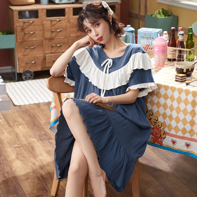 3XL 4XL Women Nightgowns Short Sleeves Dress Elegant KneeLength Lady