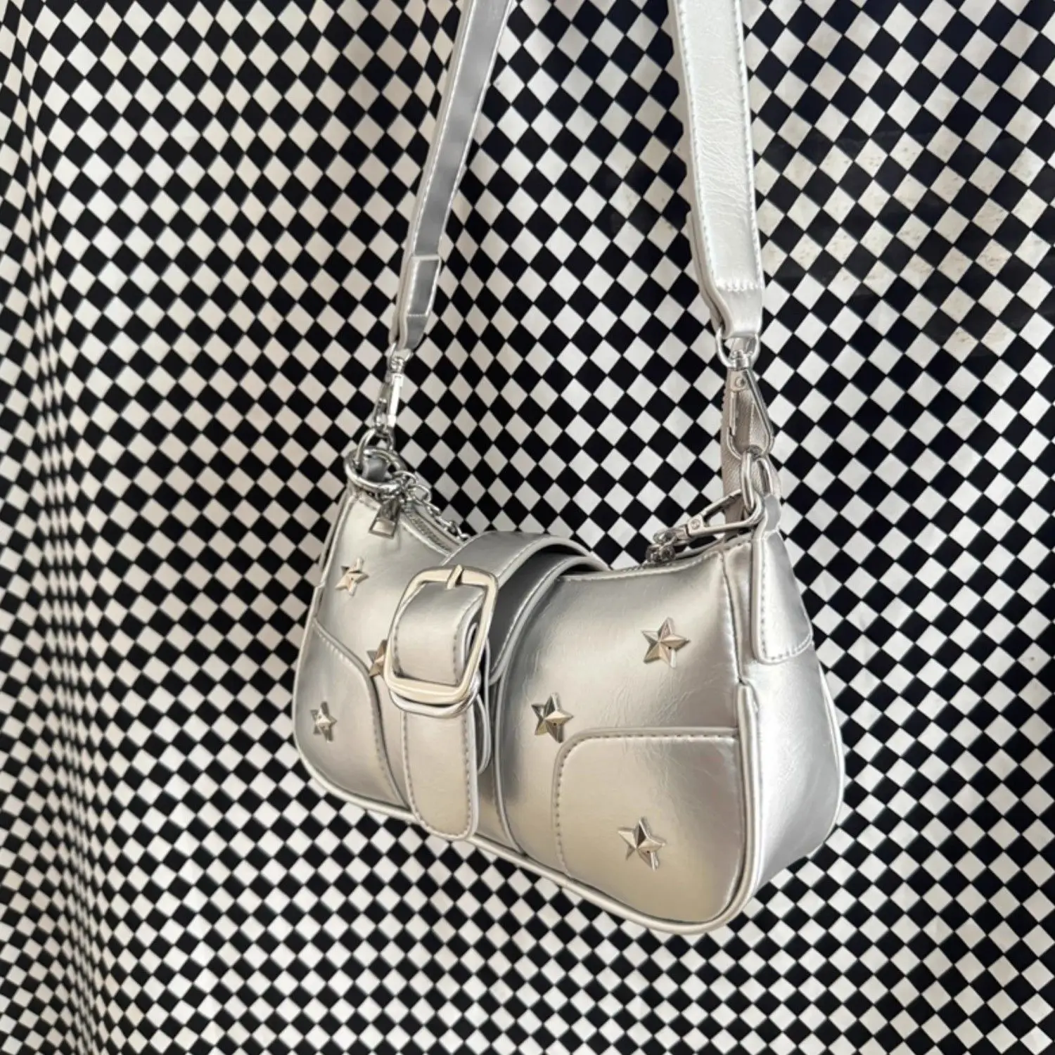 JIAERDI Hot Girl Silver Harajuku Handbag Women Star Studded Leather Buckle Shoulder Bags Ladies Y2k Aesthetic Crossbody Bag Chic