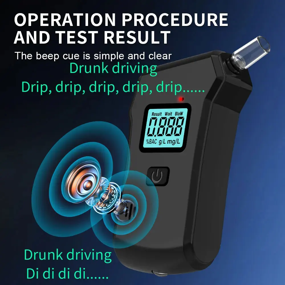 Digital Alcohol Breath Tester with 5 Mouthpieces Blowing Nozzle Breathalyzer Police Alcotest Drunk Driving Alcohol Detector