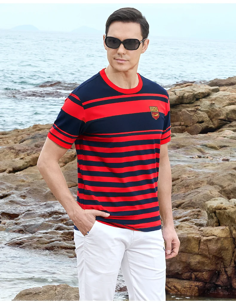New Straight Men's Short T-shirt Round Neck Bruce&Shark Fashion Men's Stripe Tee Stretch Cotton Summer Breathable Tops Big Size 24 Sc5d286bb4aac44f68caf3221776dddc0n