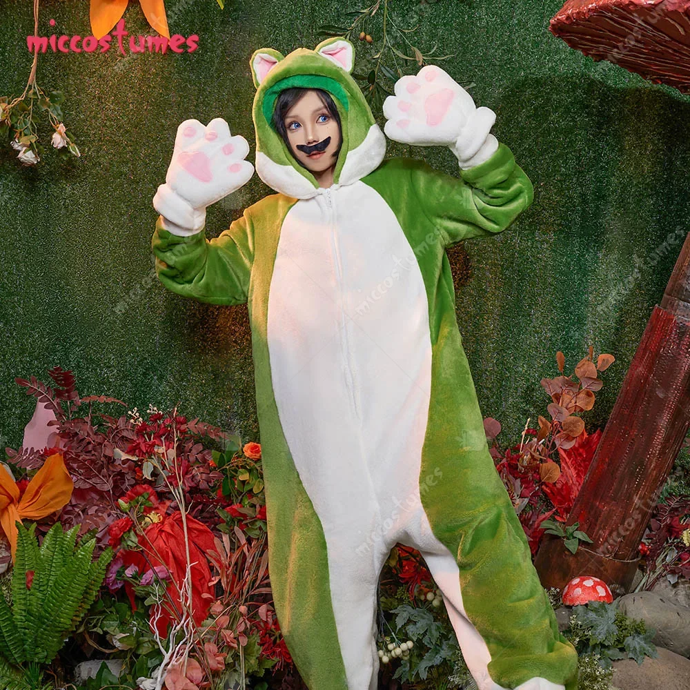 Miccostumes Unisex Game Brother Derivative Onesie Pajama Halloween Green Cat Onesie Homewear Kigurumi Hooded Loungewear Costume