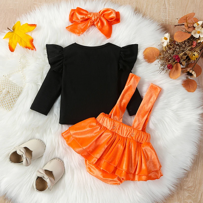 

0-18 Months Baby Girls Fall Clothes Newborn Ruffled Long Sleeve Ribbed Tops + Bow Suspender Shorts + Headband Set Sweet 3 Pcs