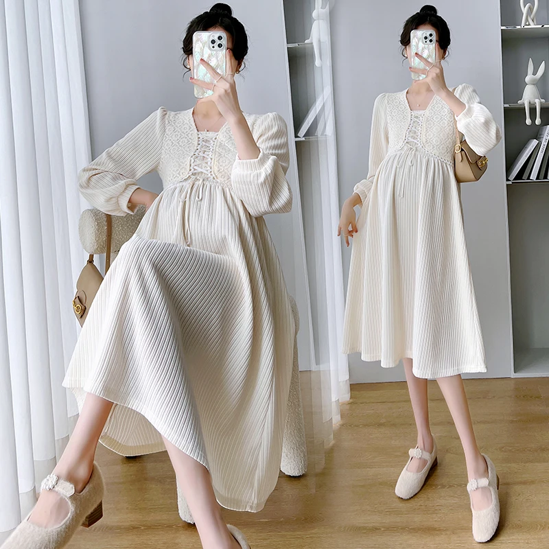 

2022 Spring Autumn Korean Fashion Maternity Long Dress Chic Ins A Line Slim Clothes for Pregnant Women OL Formal Pregnancy